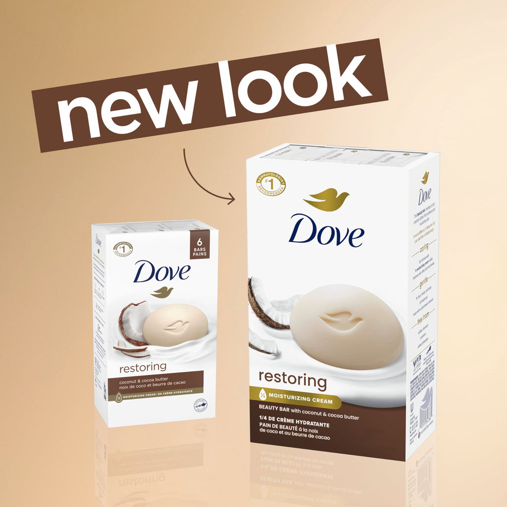 Dove Beauty Bar Soap Restoring Coconut & Cocoa Butter 6 Count 3.75 oz | For Restored Skin, Nourishes Skin