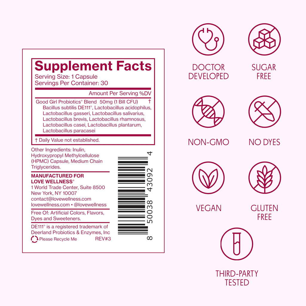 Love Wellness Good Girl Vaginal Probiotics | 9-Strain | 30-Day Supply | 9-strain probiotic, Dietary supplement, Gluten-free, Easy to take, 30 capsules