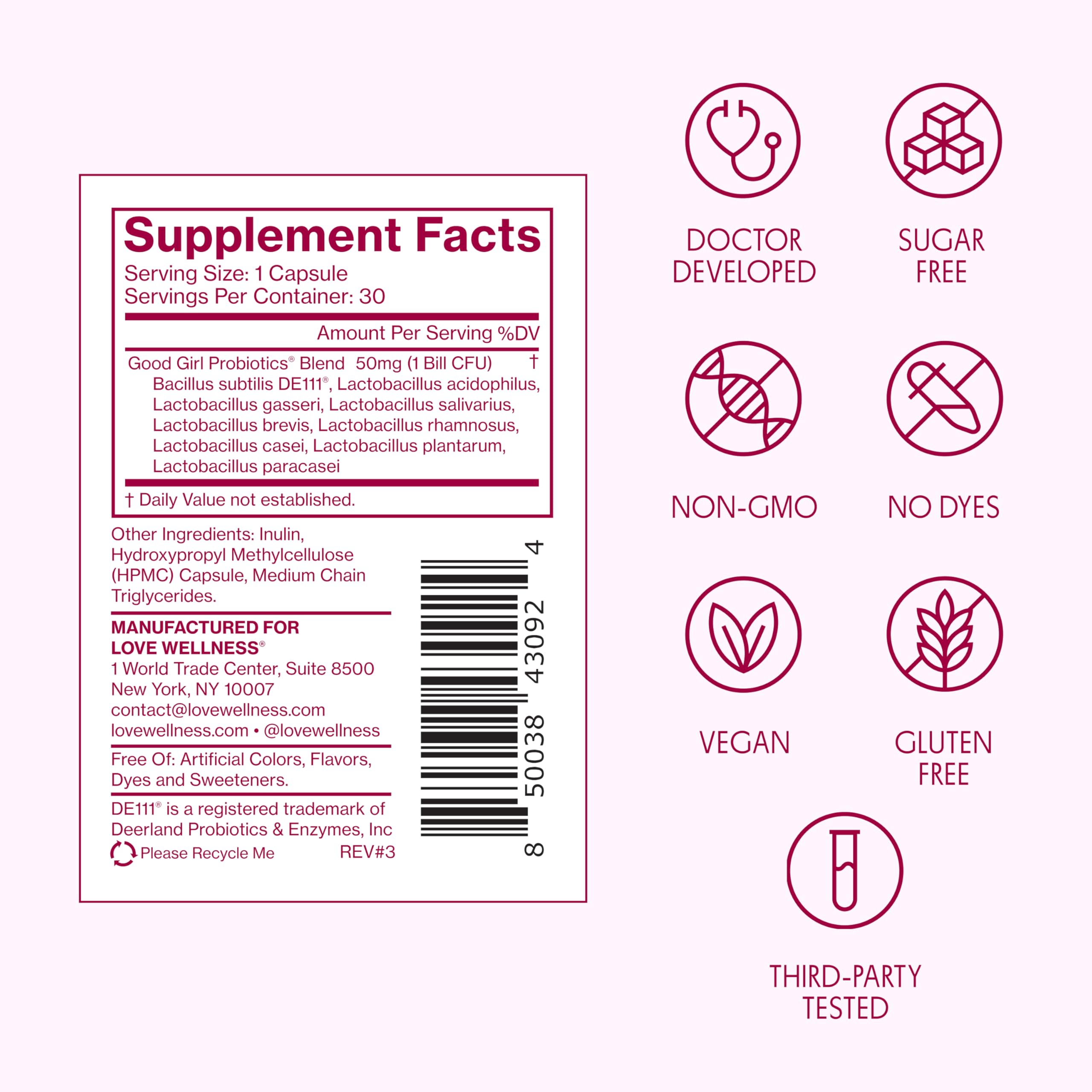 Love Wellness Good Girl Vaginal Probiotics | 9-Strain | 30-Day Supply | 9-strain probiotic, Dietary supplement, Gluten-free, Easy to take, 30 capsules