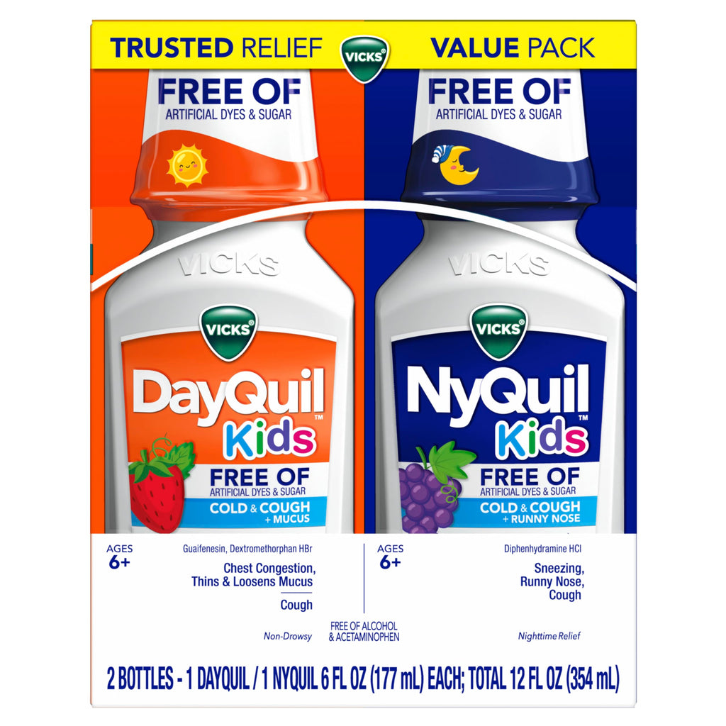 Buy now VICKS Kids DayQuil & NyQuil Cold & Cough Relief Liquid Co-Pack, Free of Artificial Dyes & Sugar, Multi-Symptom Relief of Cough, Sneezing, Runny Nose, Mucus, and Chest Congestion, for Ages 6+, 2x6oz at indiglob india