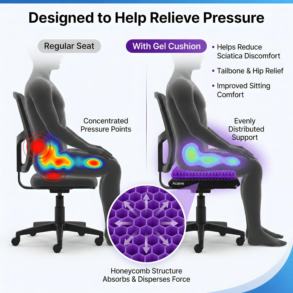 Extra Thick Large Pure Gel Seat Cushion for Long Sitting, Breathable Comfort Cushion for Back, Sciatica, Tailbone & Hip Pain Relief, Washable Portable Cushion for Office Chair, Car, Wheelchair