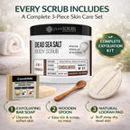 pureSCRUBS Authentic Coconut Body Scrub with exfoliating soap, wooden spoon, and natural loofah pad for skincare.