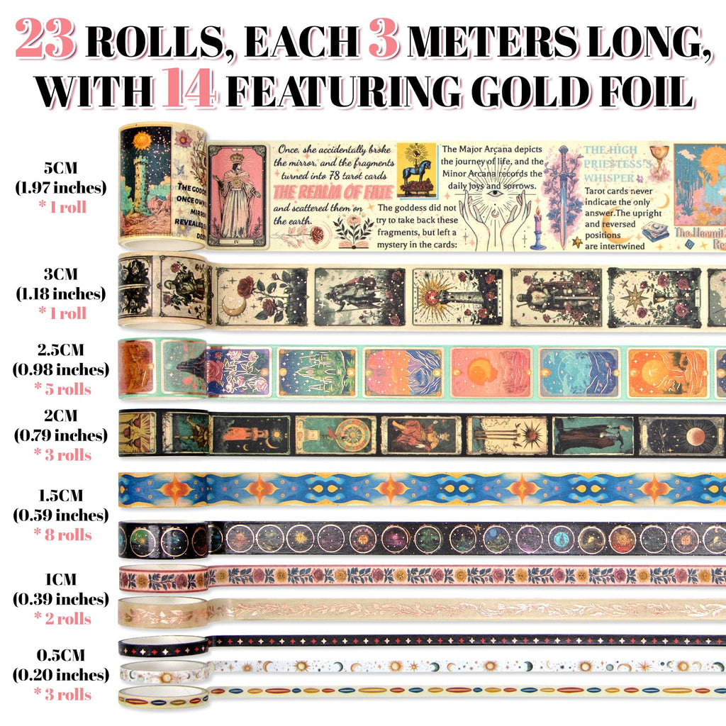 Gold Foil Tarot Washi Tape Set, 23 Rolls Vintage Decorative Washi Tape with 14 Gold Foil Designs, Assorted Widths for Journaling, Scrapbooking, Bullet Journal, Planner, Card Making & DIY Crafts