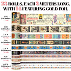 Gold Foil Tarot Washi Tape Set, 23 Rolls Vintage Decorative Washi Tape with 14 Gold Foil Designs, Assorted Widths for Journaling, Scrapbooking, Bullet Journal, Planner, Card Making & DIY Crafts