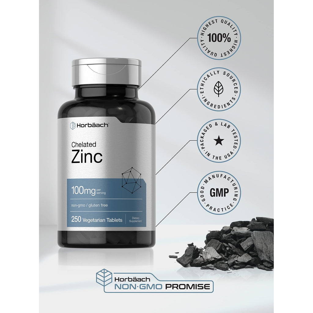 Horbäach Chelated Zinc Supplement 100mg | 250 Tablets | High Potency & Superior Absorption | Vegetarian, Non-GMO, Gluten Free