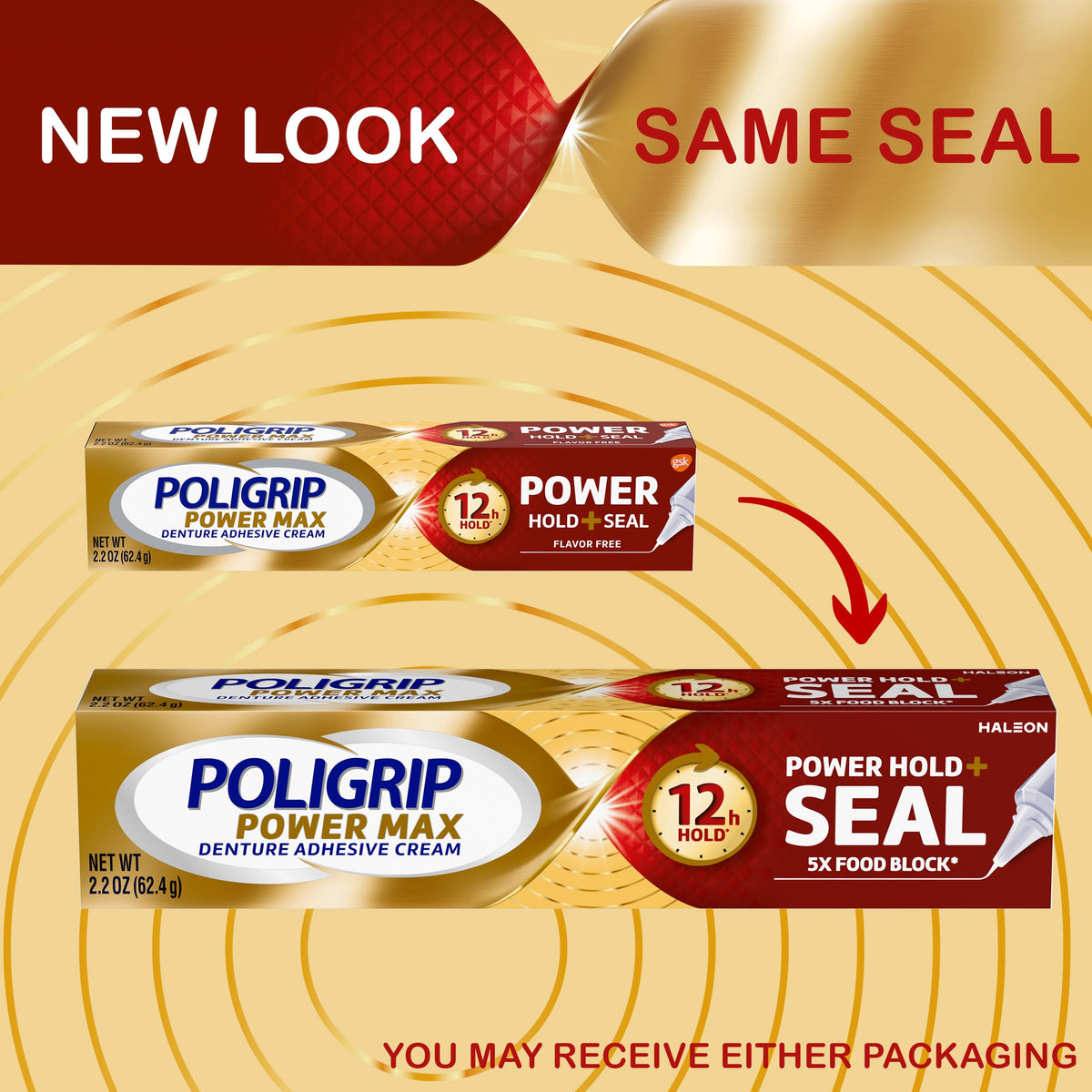 Poligrip Power Max Hold Plus Seal Denture Adhesive Cream, Secure Fit and Food Protection, No Flavor, 2.2 Oz, 4 Count