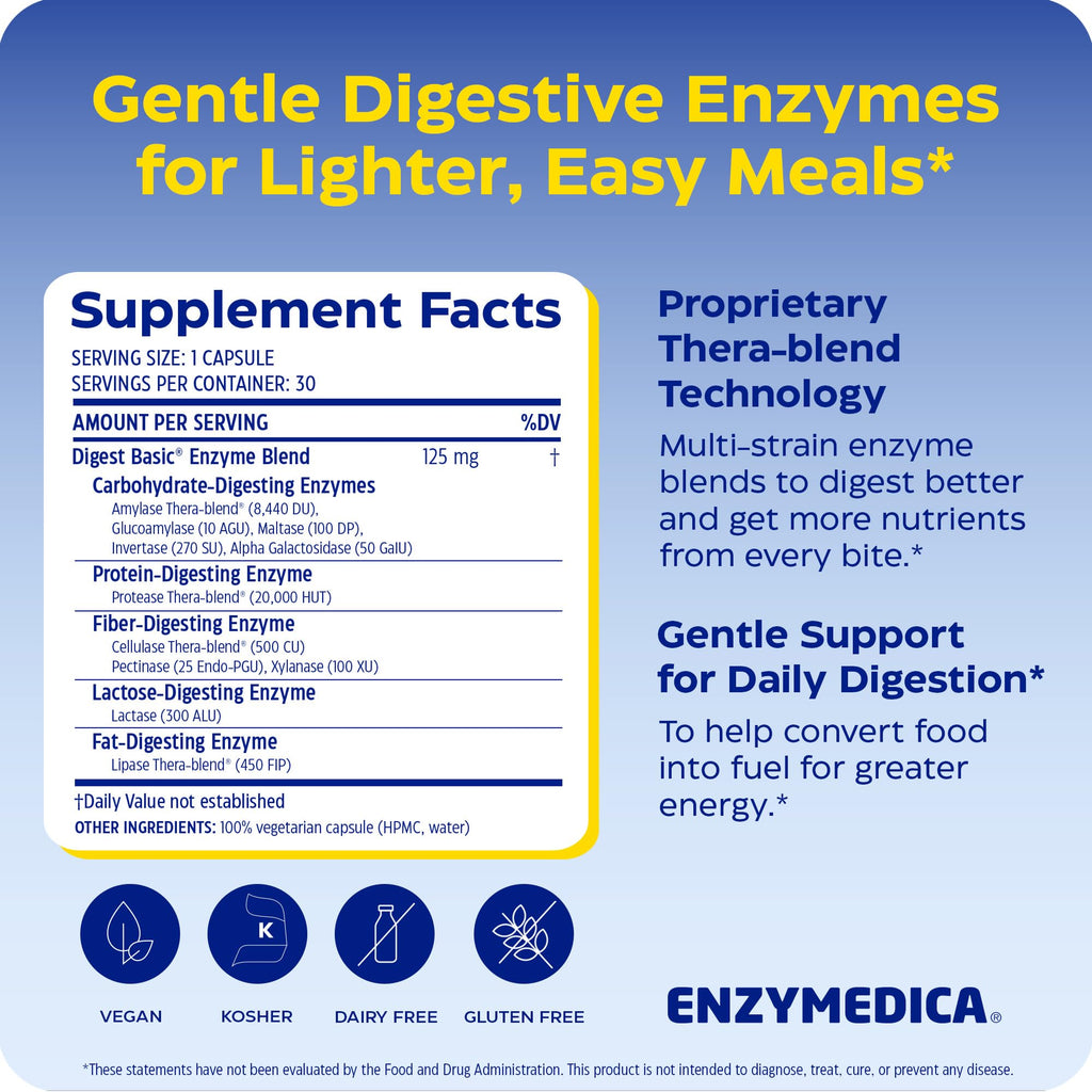 Enzymedica Digest Basic - Helps Gas & Bloating - 30 Caps | Digestive Enzyme Supplement for Women & Men, Enzyme Capsules for Digestion, Gut Health Support, For Sensitive Stomachs, Vegan