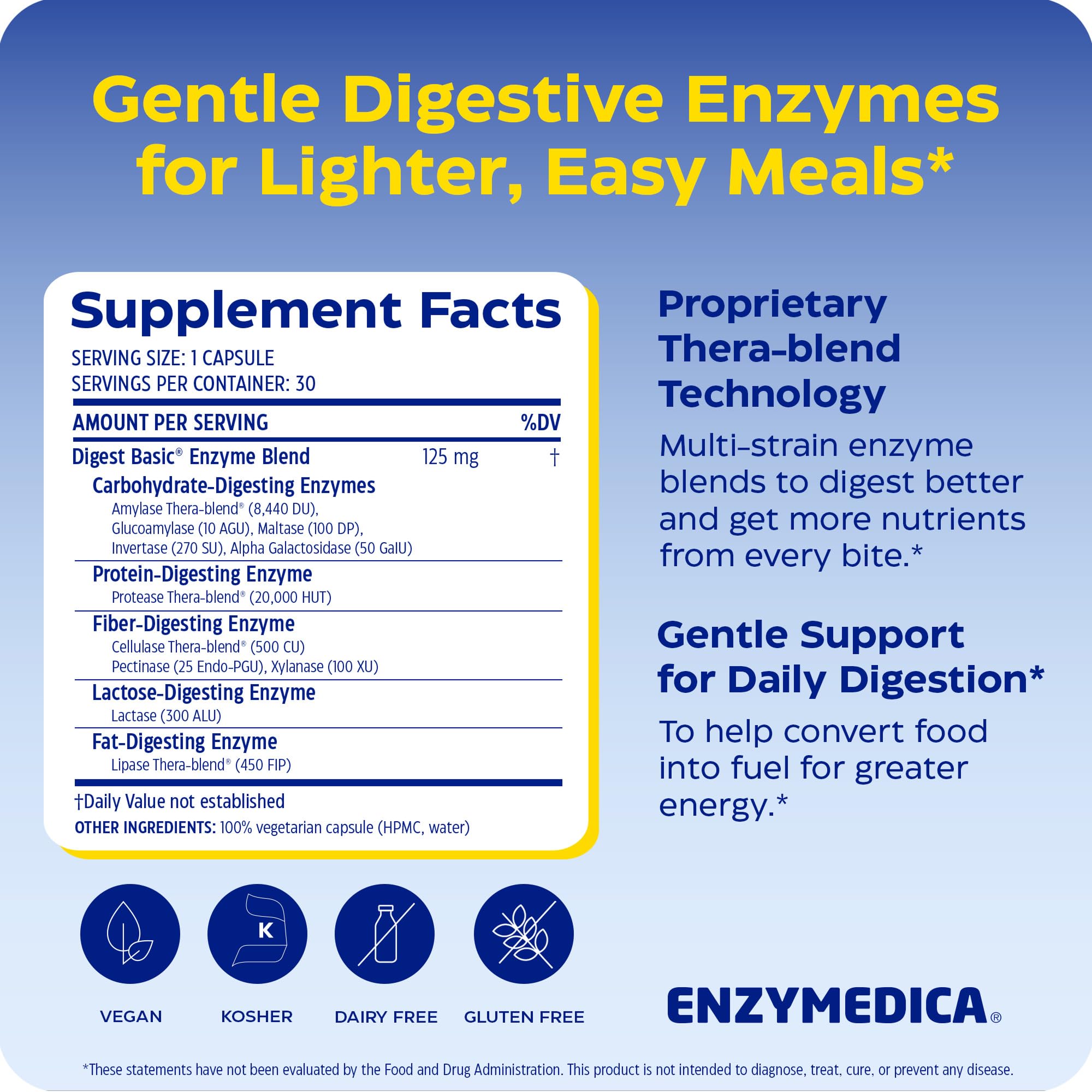 Enzymedica Digest Basic - Helps Gas & Bloating - 30 Caps | Digestive Enzyme Supplement for Women & Men, Enzyme Capsules for Digestion, Gut Health Support, For Sensitive Stomachs, Vegan