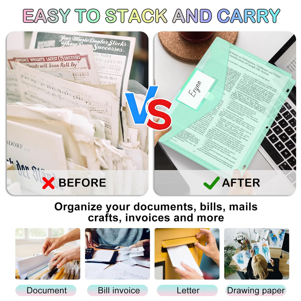 Binder Pocket, 10 Pack Super Heavyweight Plastic Folders for 3 Ring Binder, Folders with Pockets Side Loading, Binder Pouch with Label Expandable, Letter Size, Pastel Colors