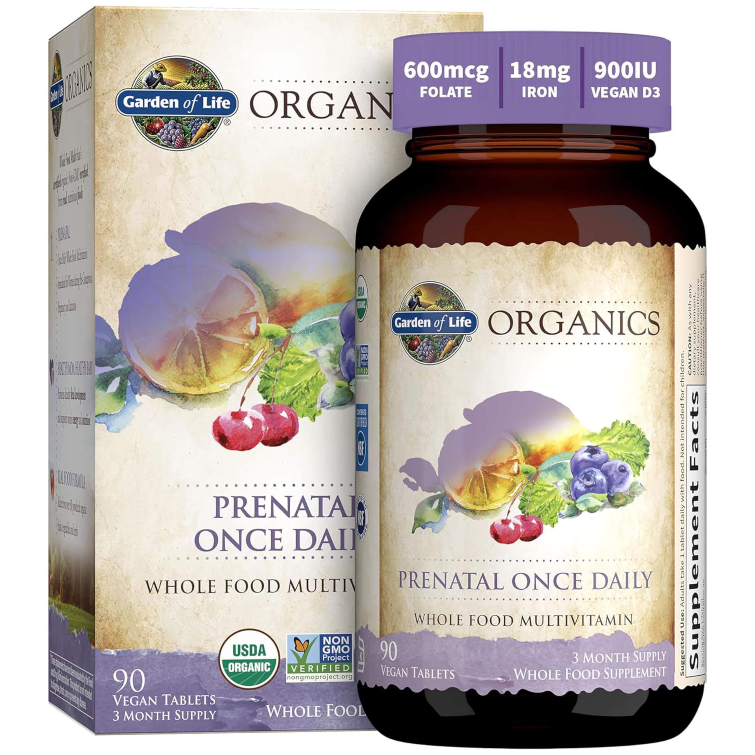 Garden of Life Organics Prenatal Once Daily with Folate, Vitamin C, B6, B12 & D3 – Prenatal Vitamins for Women with Energy Metabolism Support for Healthy Fetal Development, Non-GMO, Vegan, 30 Tablets