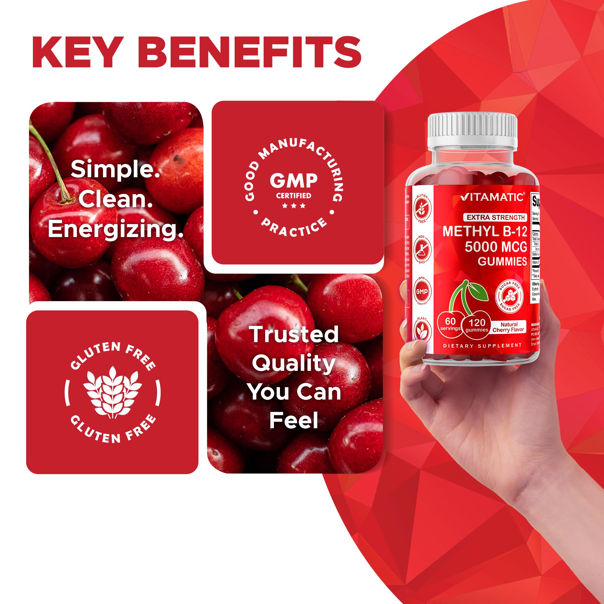 Vitamatic Methyl B12 5000 mcg, 120 Gummies, Natural Cherry Flavor | Extra Strength, Energy Metabolism Support and Nervous System Health Support*, Non-GMO, Gluten Free