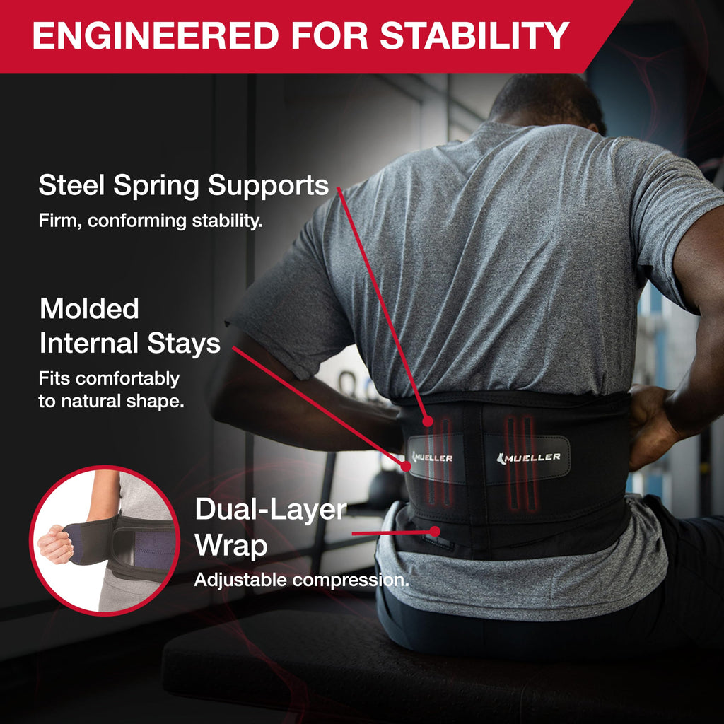 MUELLER Sports Medicine Adjustable Lumbar Back Brace, Lower Back Pain Relief and Support Belt for Men and Women, Black, One Size Fits Most