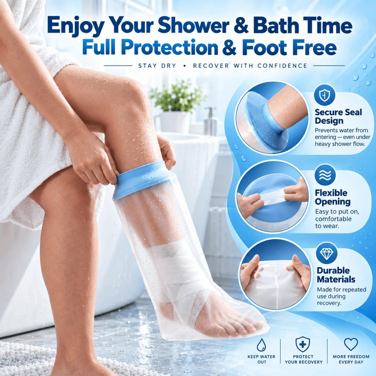100% Waterproof Foot Cast Covers for Shower Adult, Shower Boots for Foot