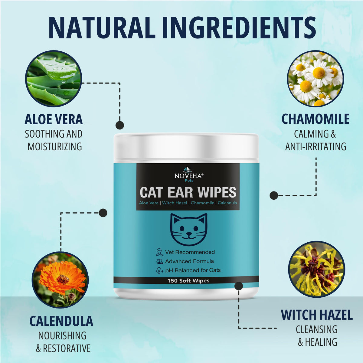 NOVEHA 150 PCs Cat Ear Wipes that Gently Clean & Soothe Sensitive Cat Ears; Soft Ear Cleaner for Removing Wax, Dirt & Odor; Alcohol-Free Ear Care with pH Balanced Formula; Unscented Grooming Care