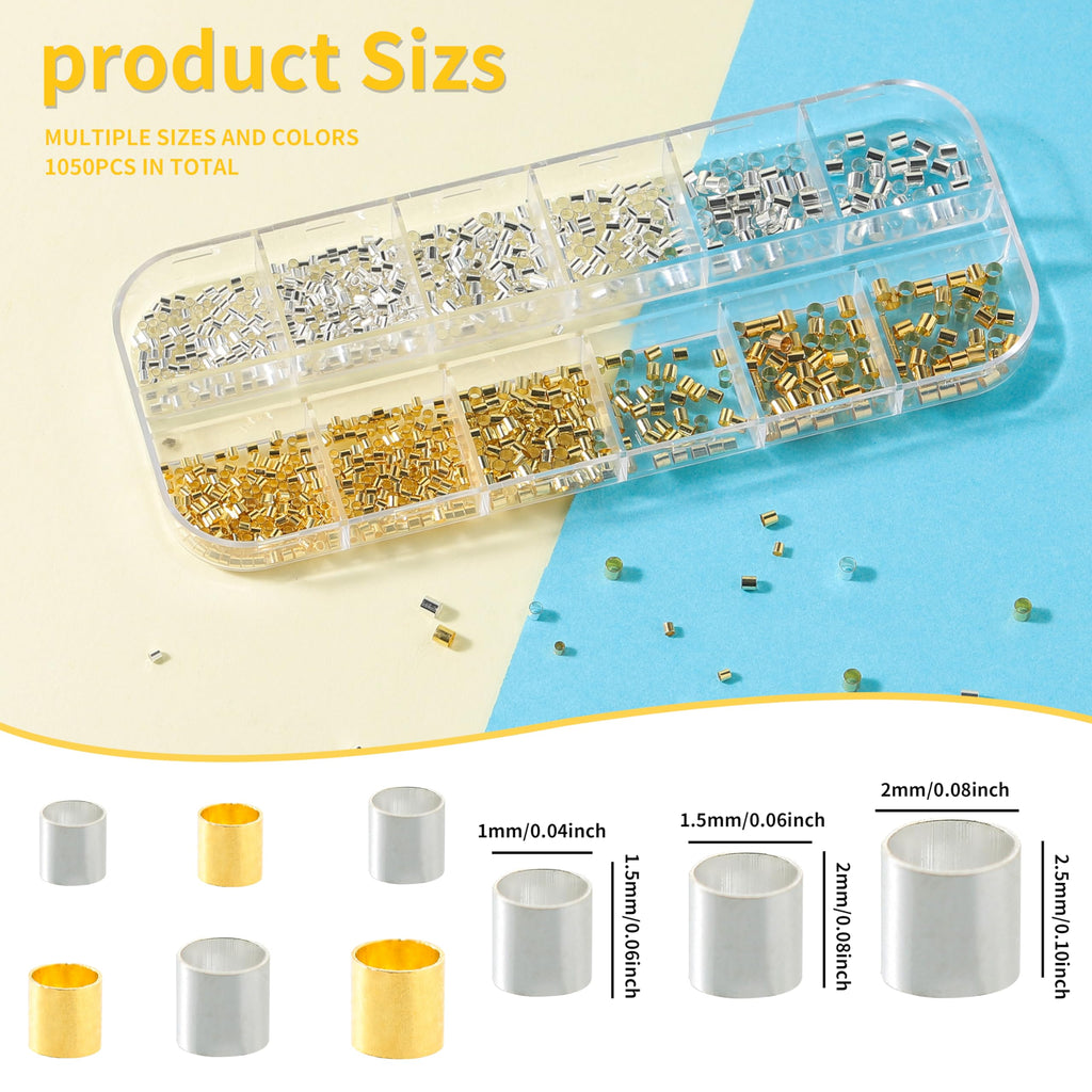 Hudinsun 1050 Pcs Silver and Gold Crimp Beads for Jewelry Making, 1.5mm 2mm 2.5mm Crimping Bead Stopper Crimp Tubes for Earring Necklace Pendant DIY Jewelry Making