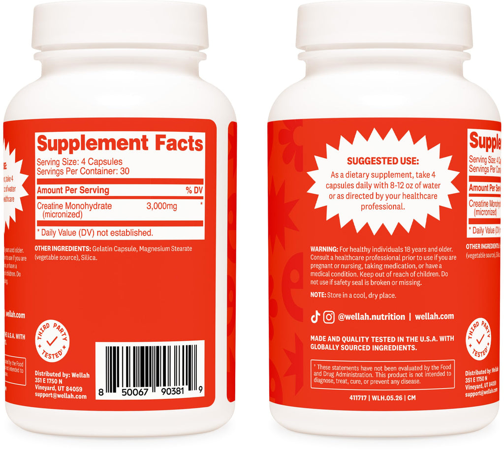 Wellah Creatine Monohydrate Capsules (3000 mg) 120 Capsules