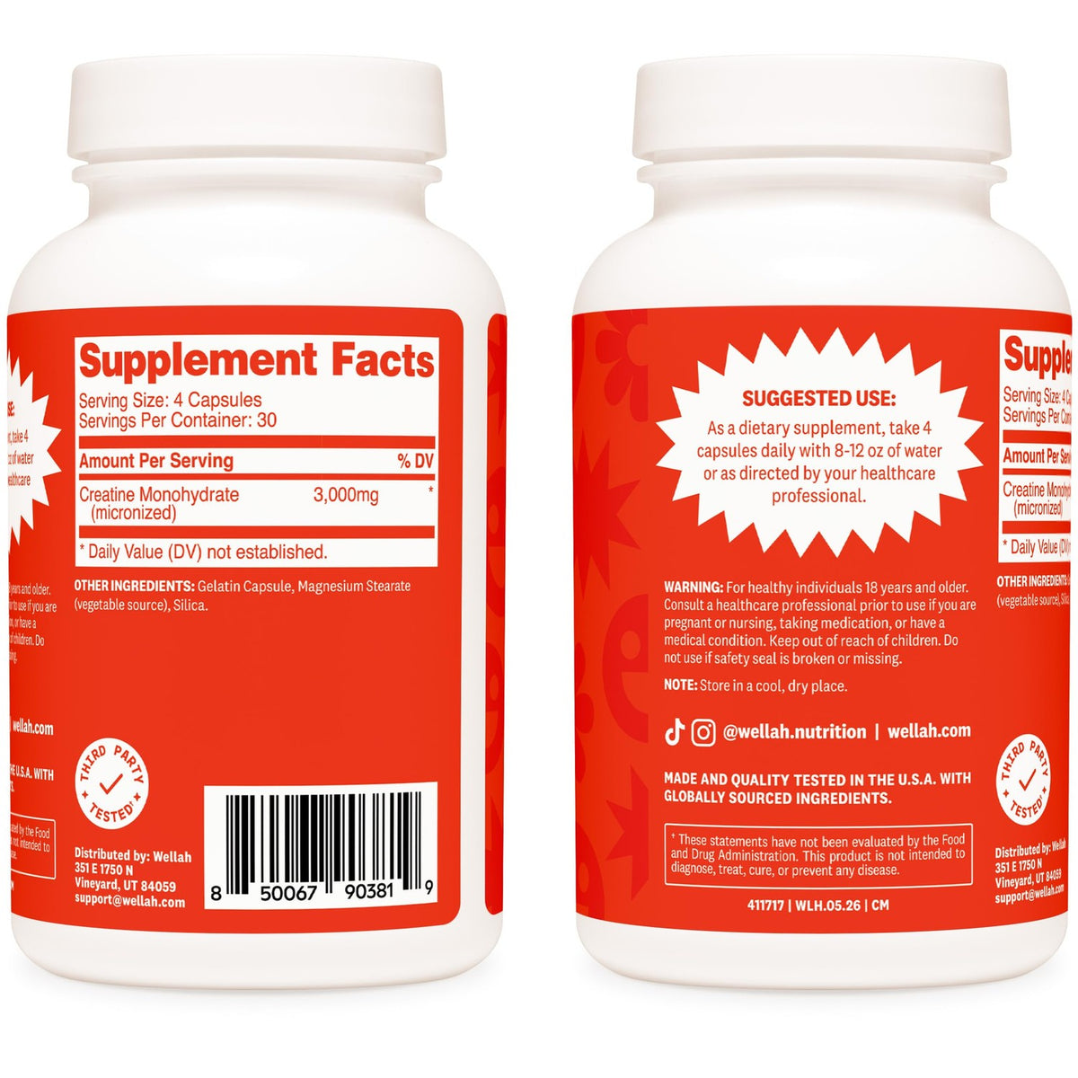 Wellah Creatine Monohydrate Capsules (3000 mg) 120 Capsules