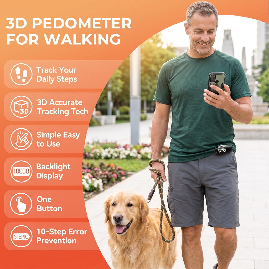 3D Pedometer for Walking, Step Counter with Backlight & USB Charge
