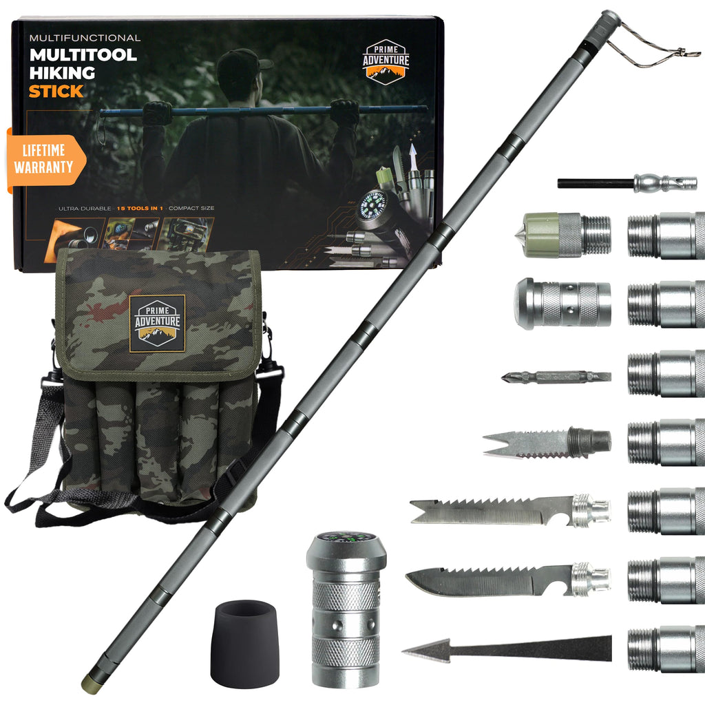 Prime Adventure 15-in-1 Tactical Survival Walking Stick & Hiking Staff – Heavy-Duty Collapsible Multitool for Camping, Hiking & Outdoor Survival Gear (8 Tubes, Premium Build)