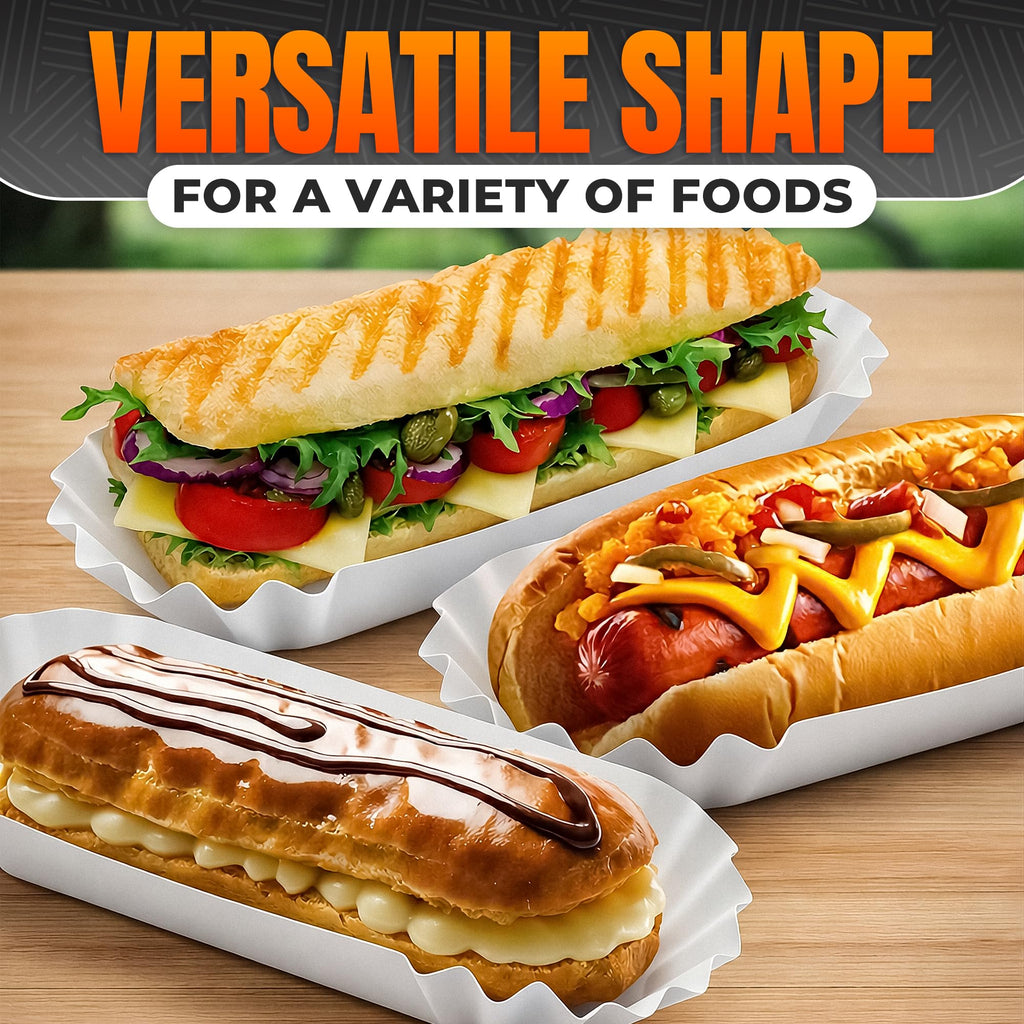 BURIUS Hot Dog Trays 50 Pcs, 8 In Disposable Paper Boats, Grease Resistant
