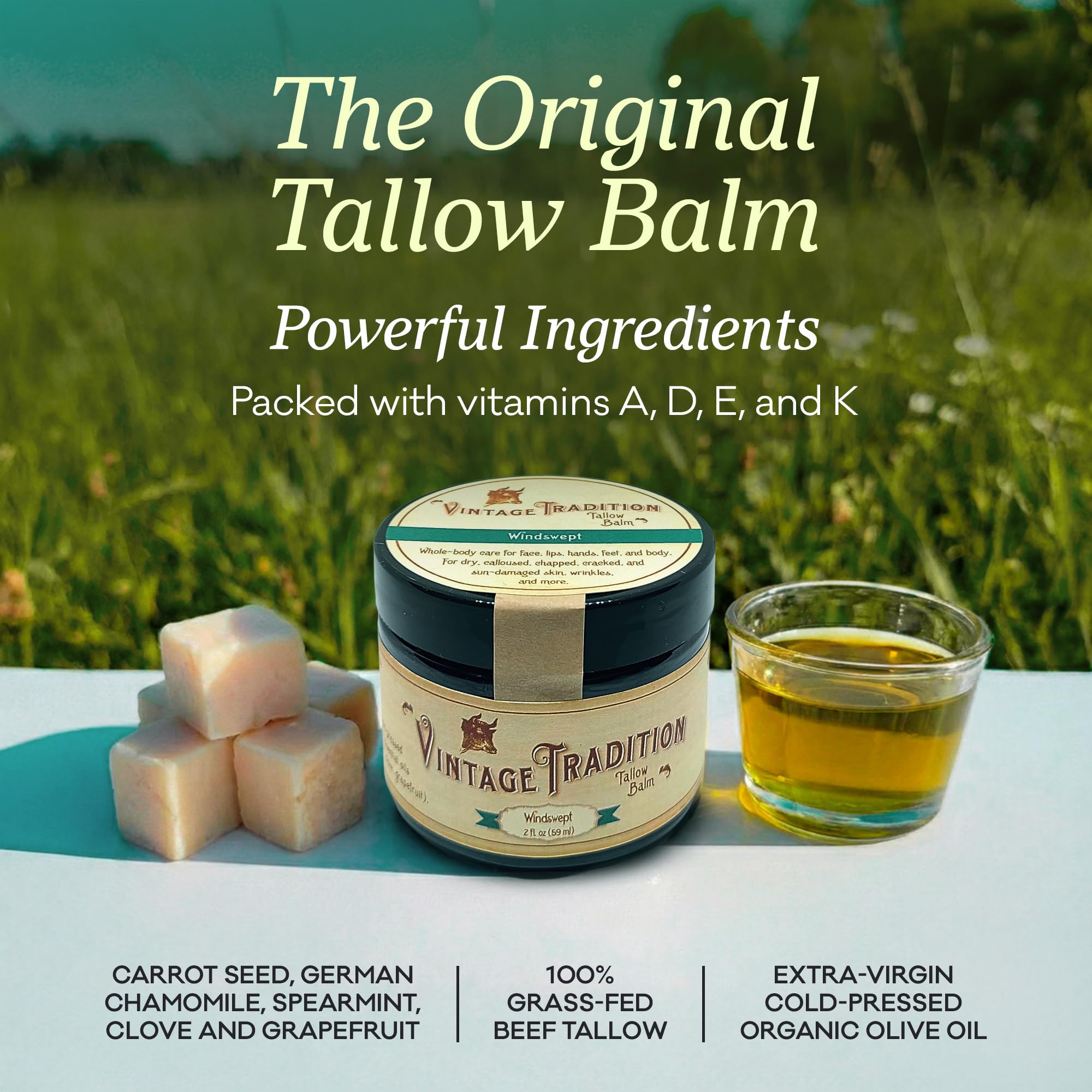 Buy now Vintage Tradition Beef Tallow All Purpose Balm - Healing, Hydrating Weather-Protecting Skin Care Salve Replaces Body Lotion, Hand Cream, More - Essential Oil, Olive Oil, and Grass-Fed Tallow, 2 fl oz. at indiglob india