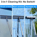 3-in-1 Window Squeegee for Home - 60" Window Cleaning Kit with 3 Microfiber Cloths & Screen Brush, All-in-1 Cleaner Tool for Outdoor Windows, Glass Door & Screens, Lightweight & Easy Storage