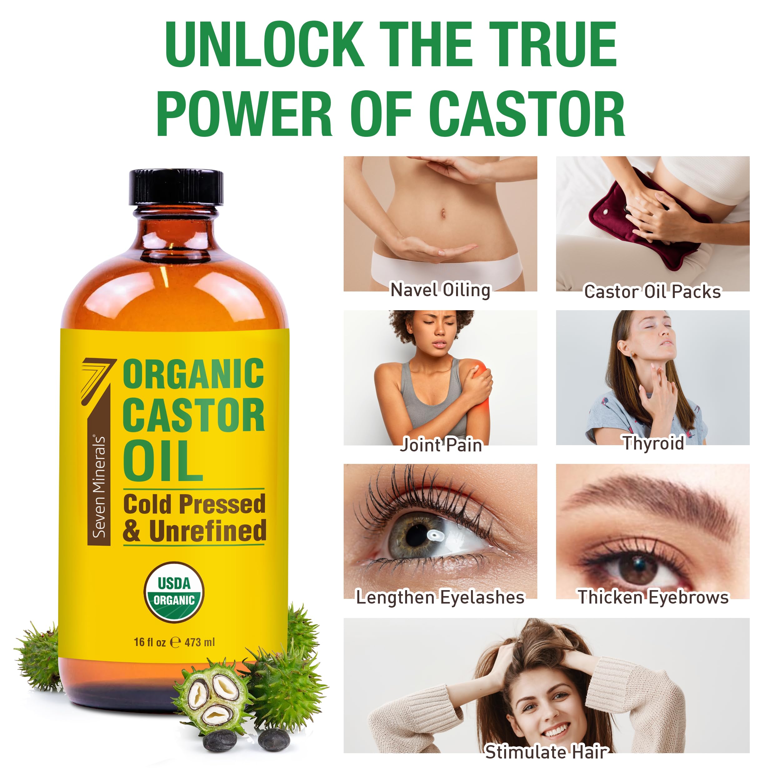 Seven Minerals USDA Organic Castor Oil - Big 16 oz Glass Bottle with Pump - 100% Pure Cold Pressed Unrefined Hexane Free - for Hair Growth, Eyelashes, Eyebrows, Skin, Cuticles & Caster Oil Packs