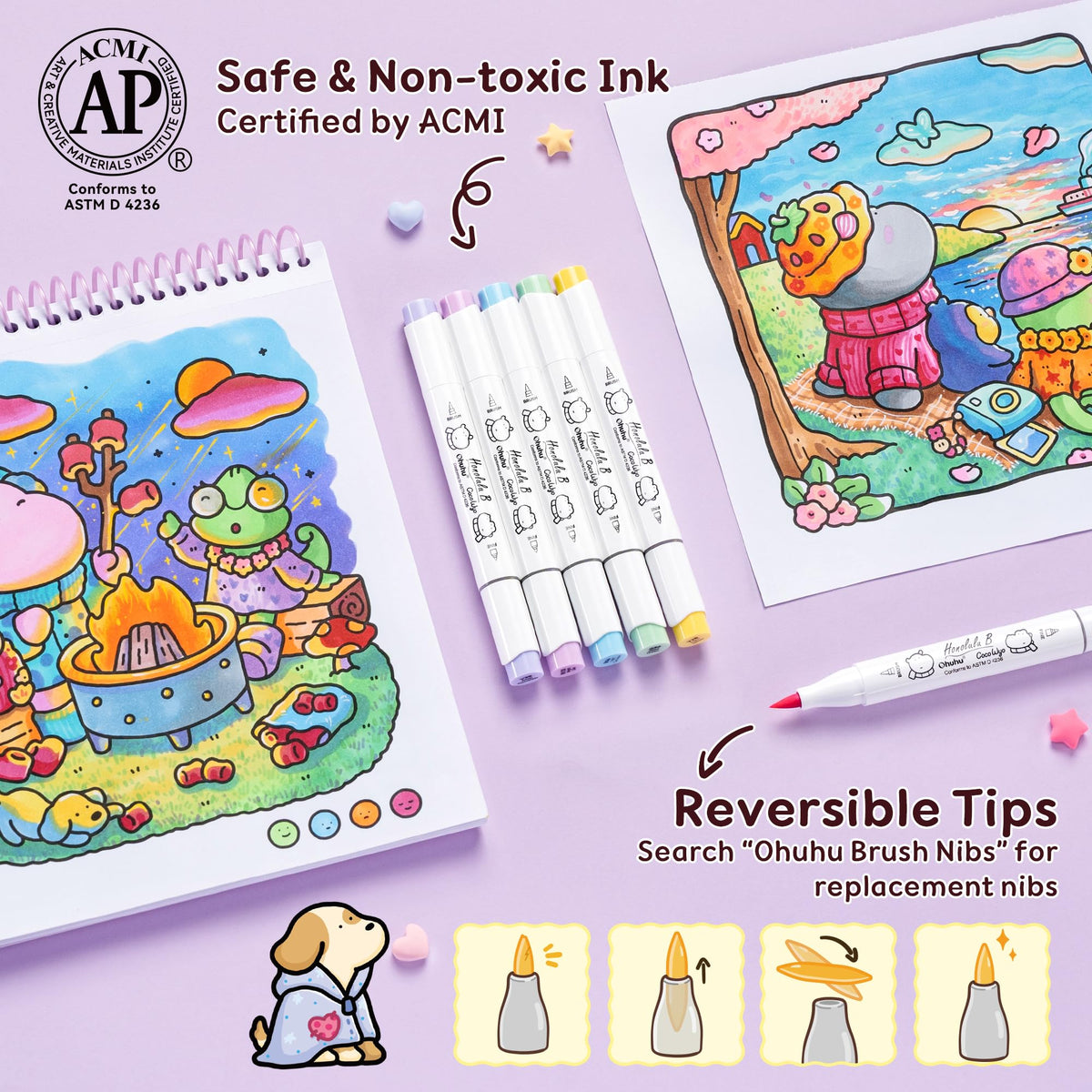 Ohuhu × Coco Wyo Coloring Set 48 Alcohol Markers& Coloring Book Brush& Fine