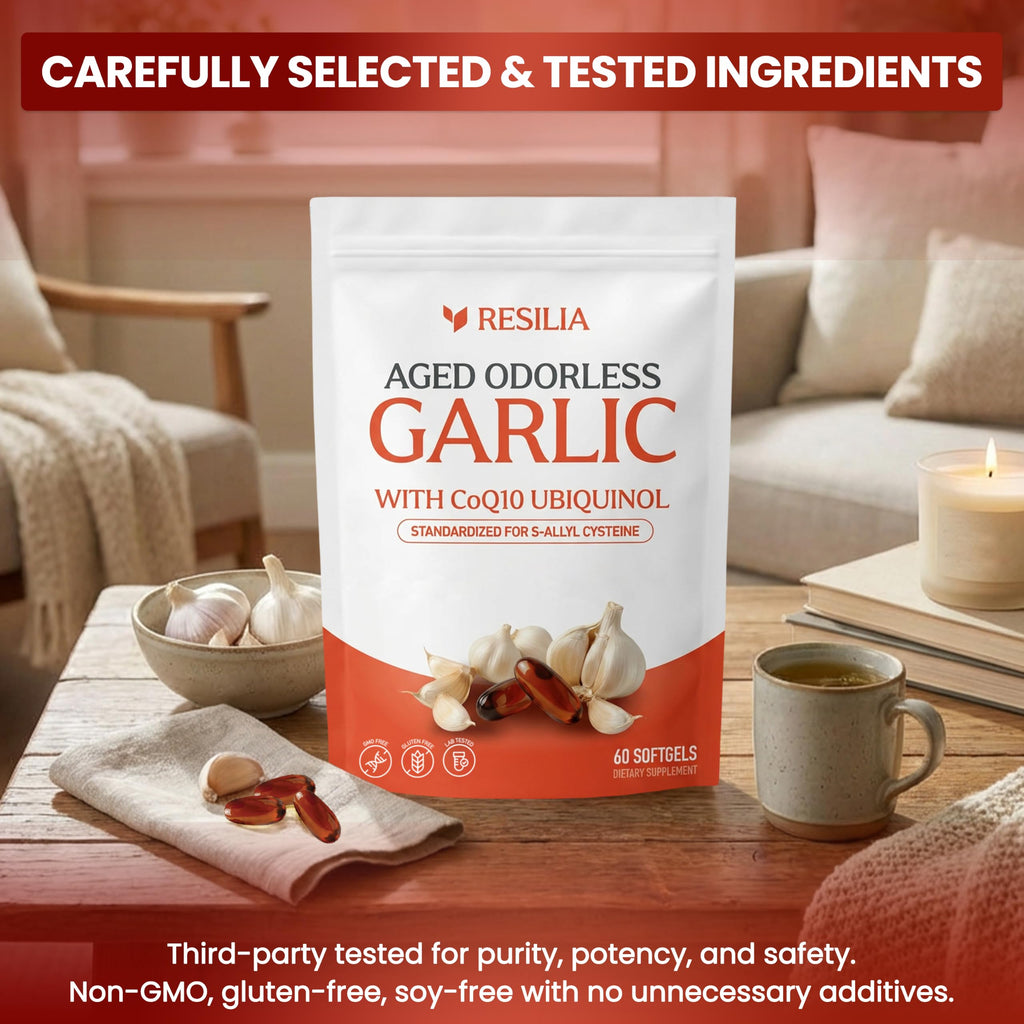 Resilia Odorless Aged Garlic Extract Softgels (60 Count) | 600mg Aged Garlic Extract Per Serving | With CoQ10 Ubiquinol & Vitamin K2 (MK-7) | Dietary Supplement