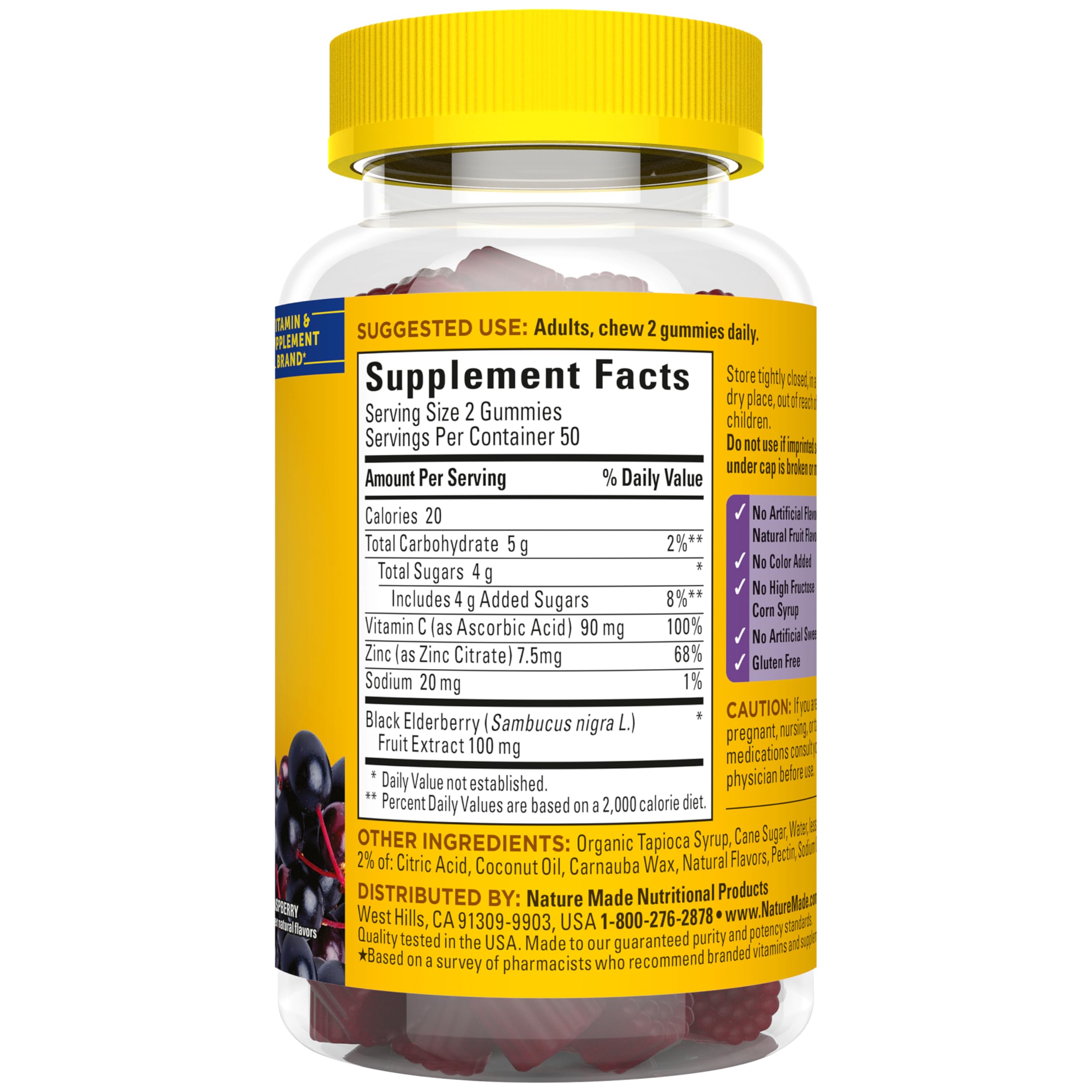 Nature Made Elderberry Gummies with Vitamin C & Zinc, 100 Gummies | Dietary Supplement for Antioxidant and Immune Support, Suitable for Vegetarians, Raspberry Flavor, 50 Day Supply