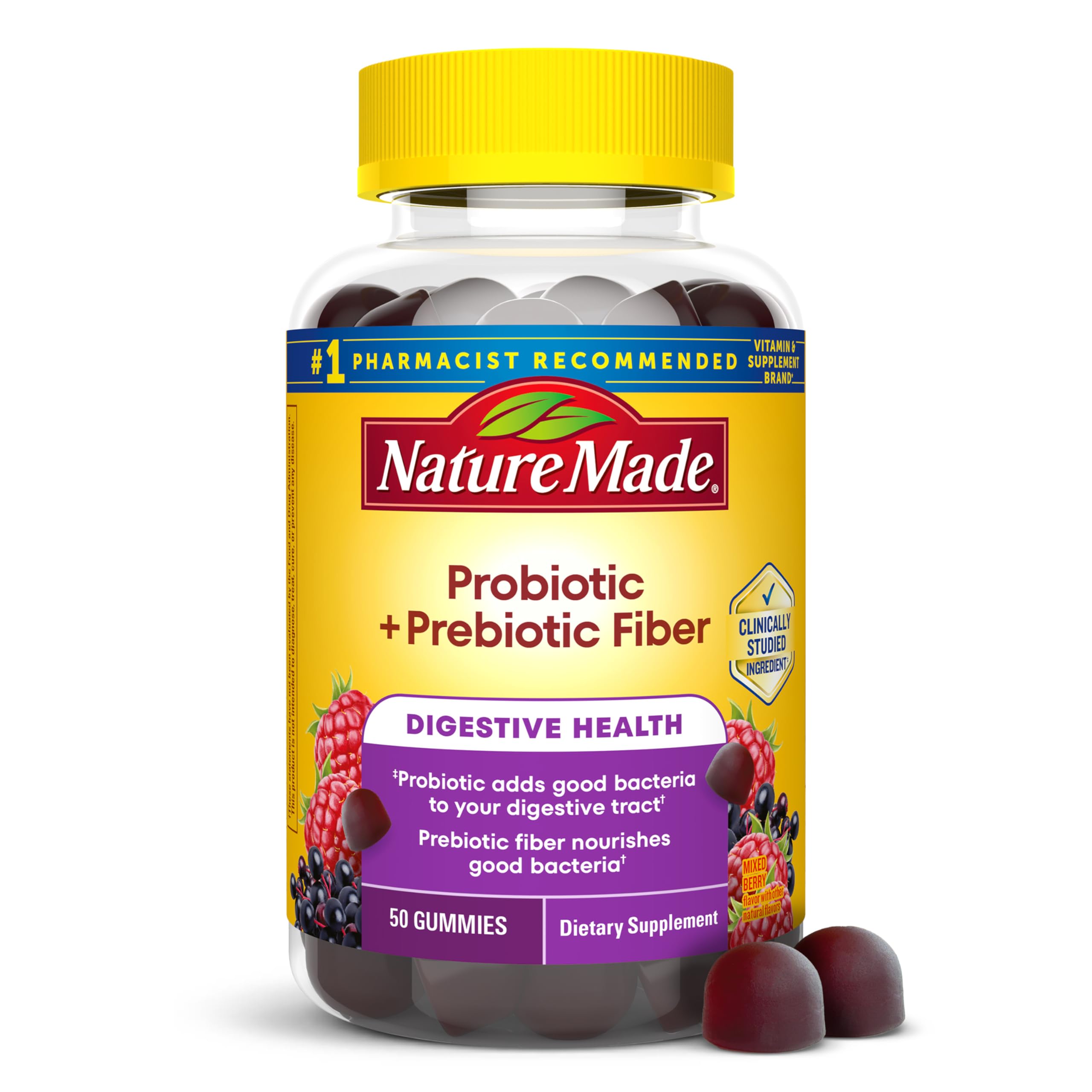 Nature Made Probiotic + Prebiotic Fiber Gummies, 50 Gummies | Fiber Supplement for Daily Gut Health, Prebiotics and Probiotics for Women and Men, Mixed Berry Flavor, 25 Day Supply