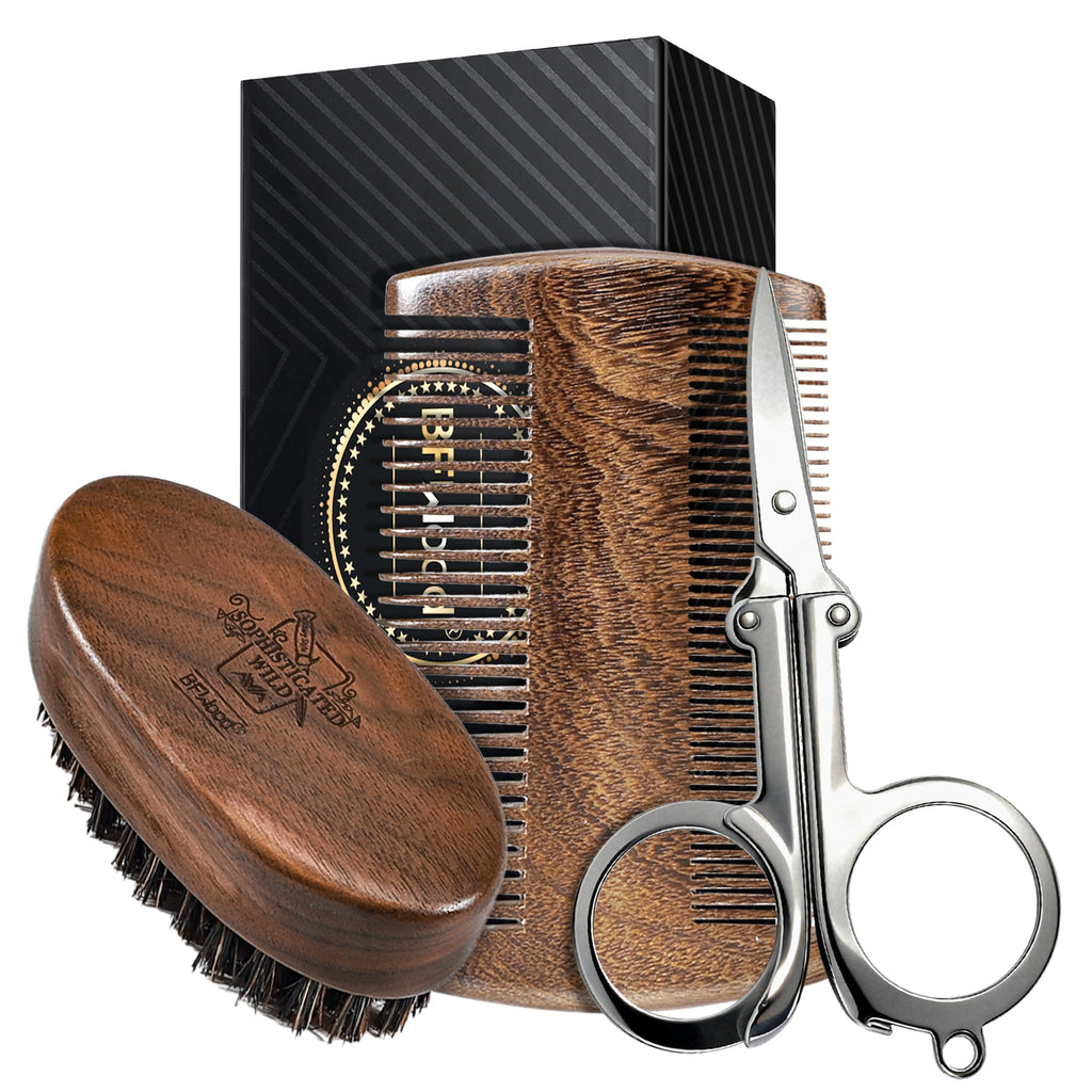 BFWood Small Travel Beard Brush - Natural Boar Bristles with Black Walnut Wood
