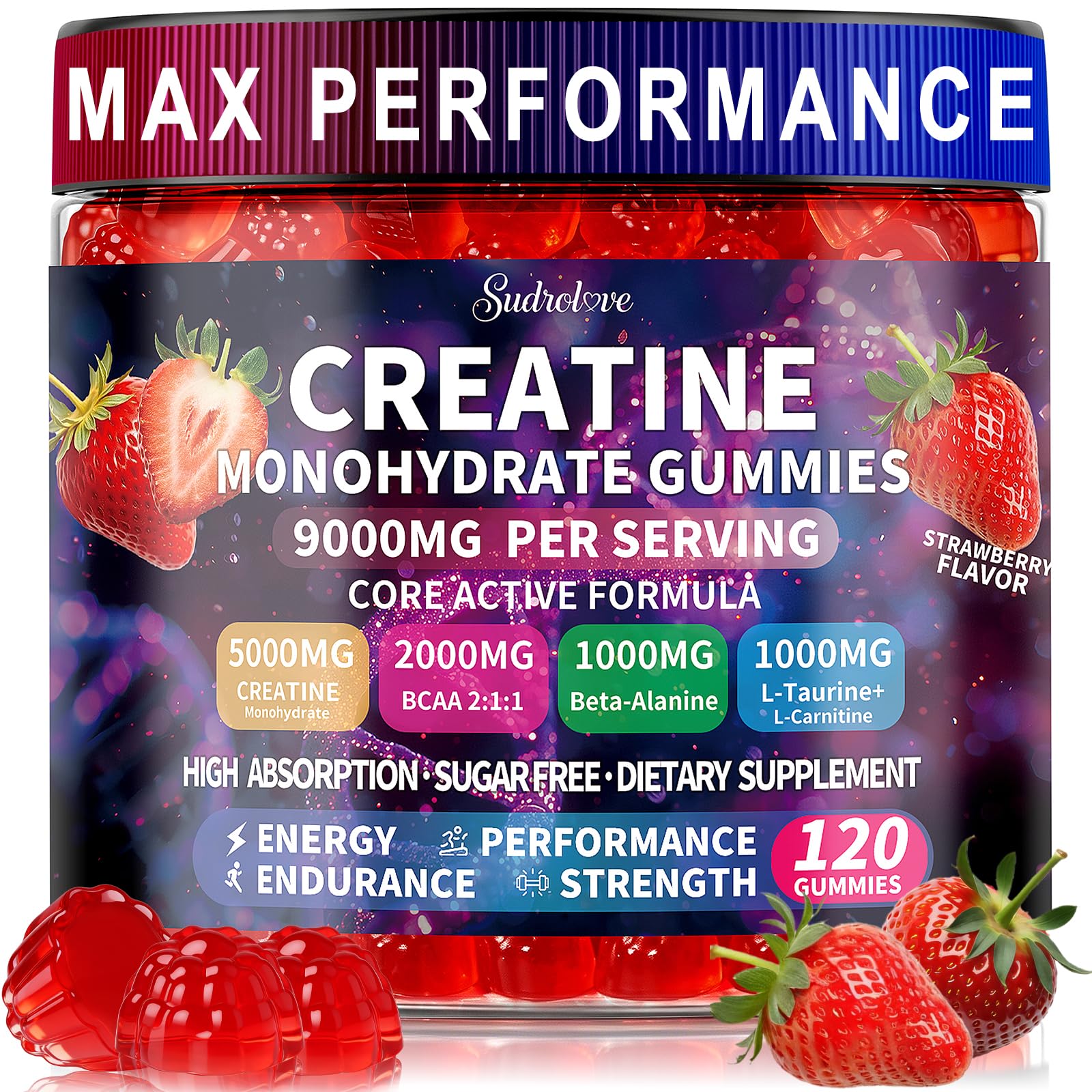 Creatine Monohydrate Gummies 5000mg for Women & Men,120 Count | Blended BCAA, Beta-Alanine, L-Taurine & L-Carnitine Plus B6 B12,Chewable Pre-Workout, Boost Stamina,Ease Muscle Soreness