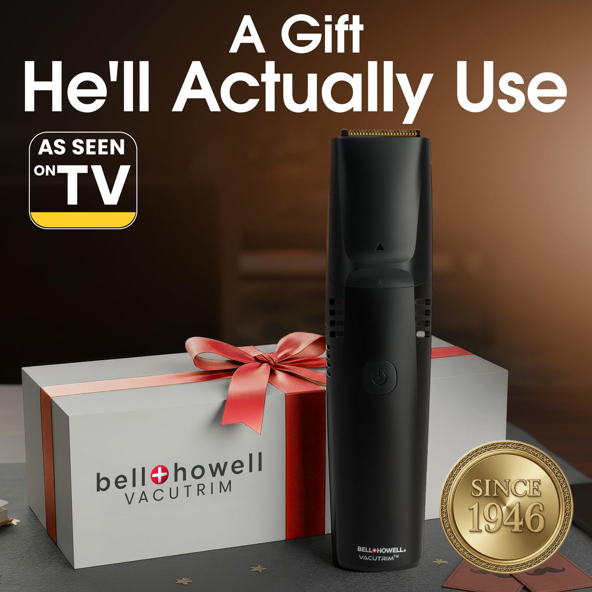 Bell+Howell Vacutrim Deluxe Cordless Mens Beard Trimmer, Rechargeable Electric Shaver with 20 Trim Setting and Built-in Vacuum for Mustache, Sideburns. Facial Hair, Black, 7.5", As Seen On TV