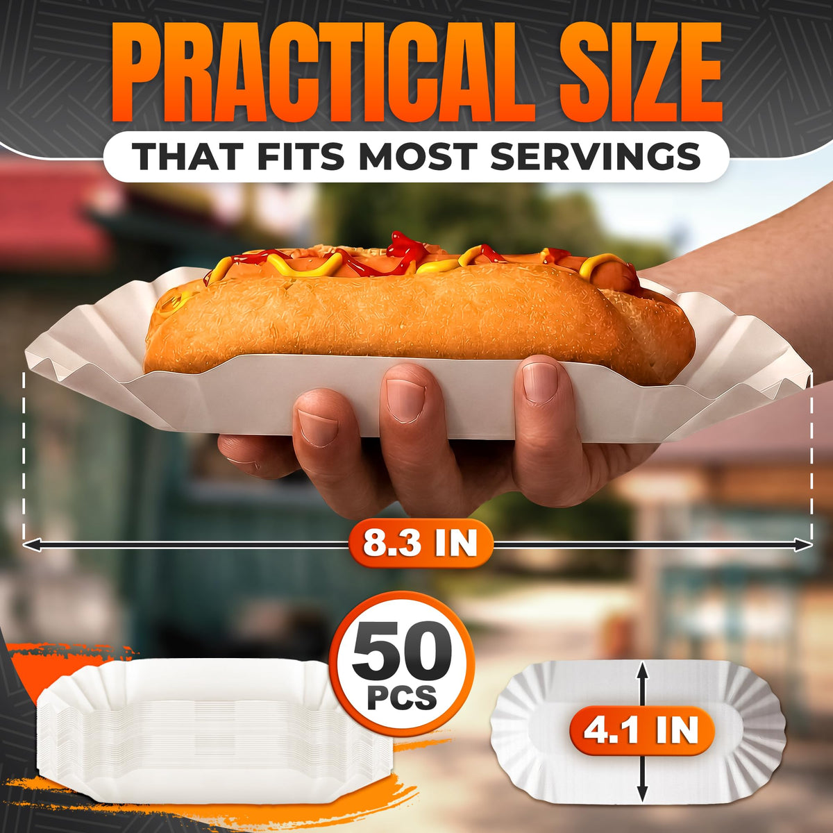 BURIUS Hot Dog Trays 50 Pcs, 8 In Disposable Paper Boats, Grease Resistant