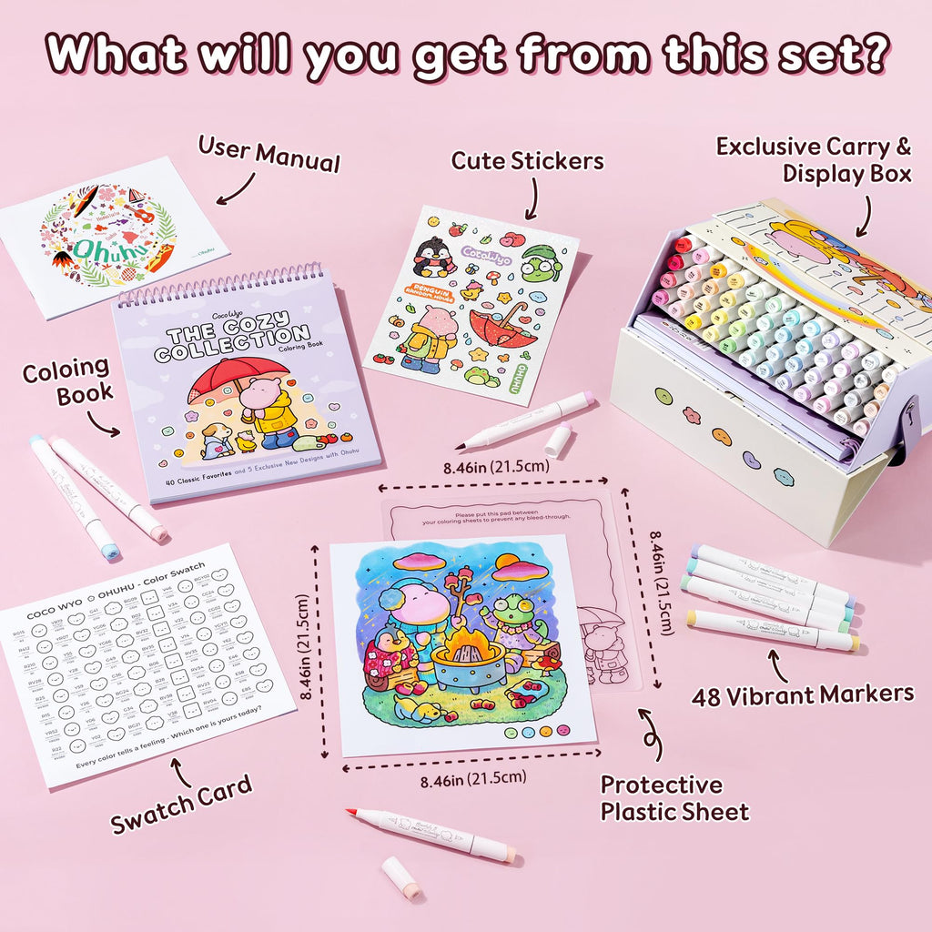 Ohuhu × Coco Wyo Coloring Set 48 Alcohol Markers& Coloring Book Brush& Fine