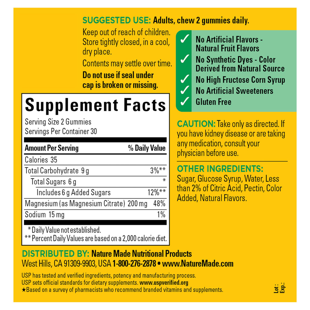 Nature Made High Absorption Magnesium Citrate 200mg per Serving, 60 Gummies | Magnesium Supplement for Muscle, Nerve, Bone and Heart Health Support, Mixed Berry Flavored Magnesium Gummies, 30 Day Supply