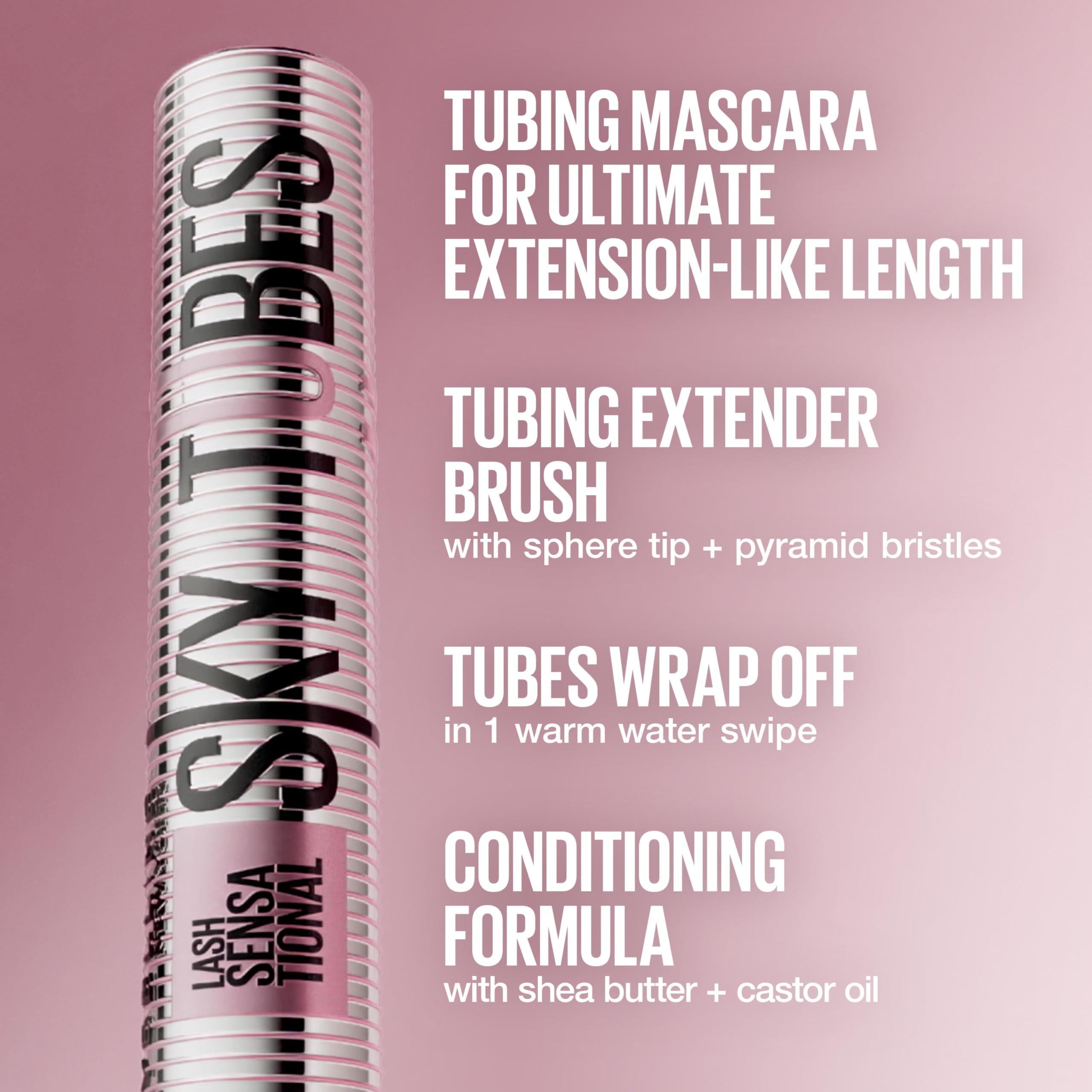 Maybelline Lash Sensational Sky Tubes Tubing Mascara, Extension-Like Lengthening Mascara, 24HR Eye Makeup with Shea Butter & Castor Oil, Very Black, 1 Count