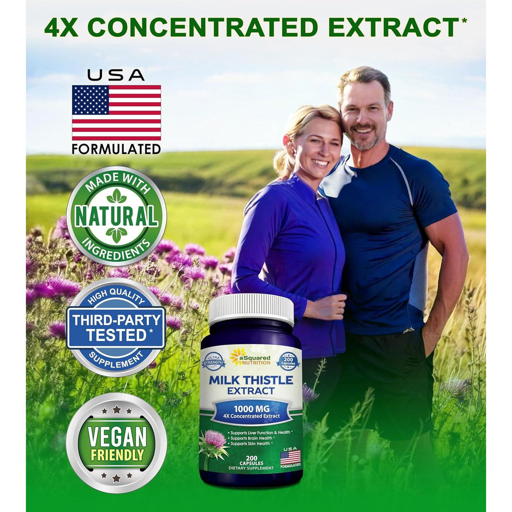 Buy now aSquared Nutrition Milk Thistle Supplement 1000mg-200 Capsules,Max Strength 4X Concentrated Extract 4:1 Milk Thistle Seed Powder Herb Pills, 1000 mg Silymarin Extract for Liver Support, Cleanse, Detox at indiglob india