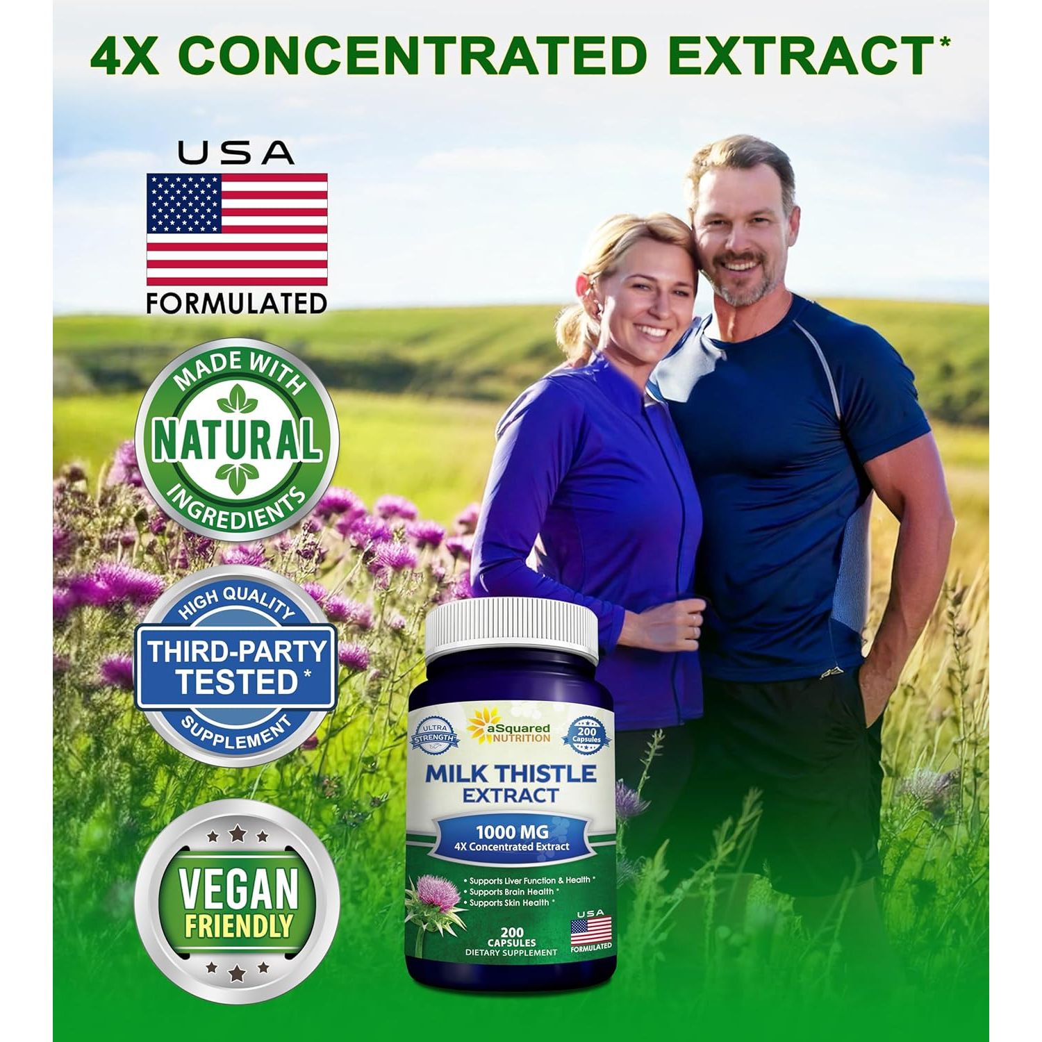 Buy now aSquared Nutrition Milk Thistle Supplement 1000mg-200 Capsules,Max Strength 4X Concentrated Extract 4:1 Milk Thistle Seed Powder Herb Pills, 1000 mg Silymarin Extract for Liver Support, Cleanse, Detox at indiglob india
