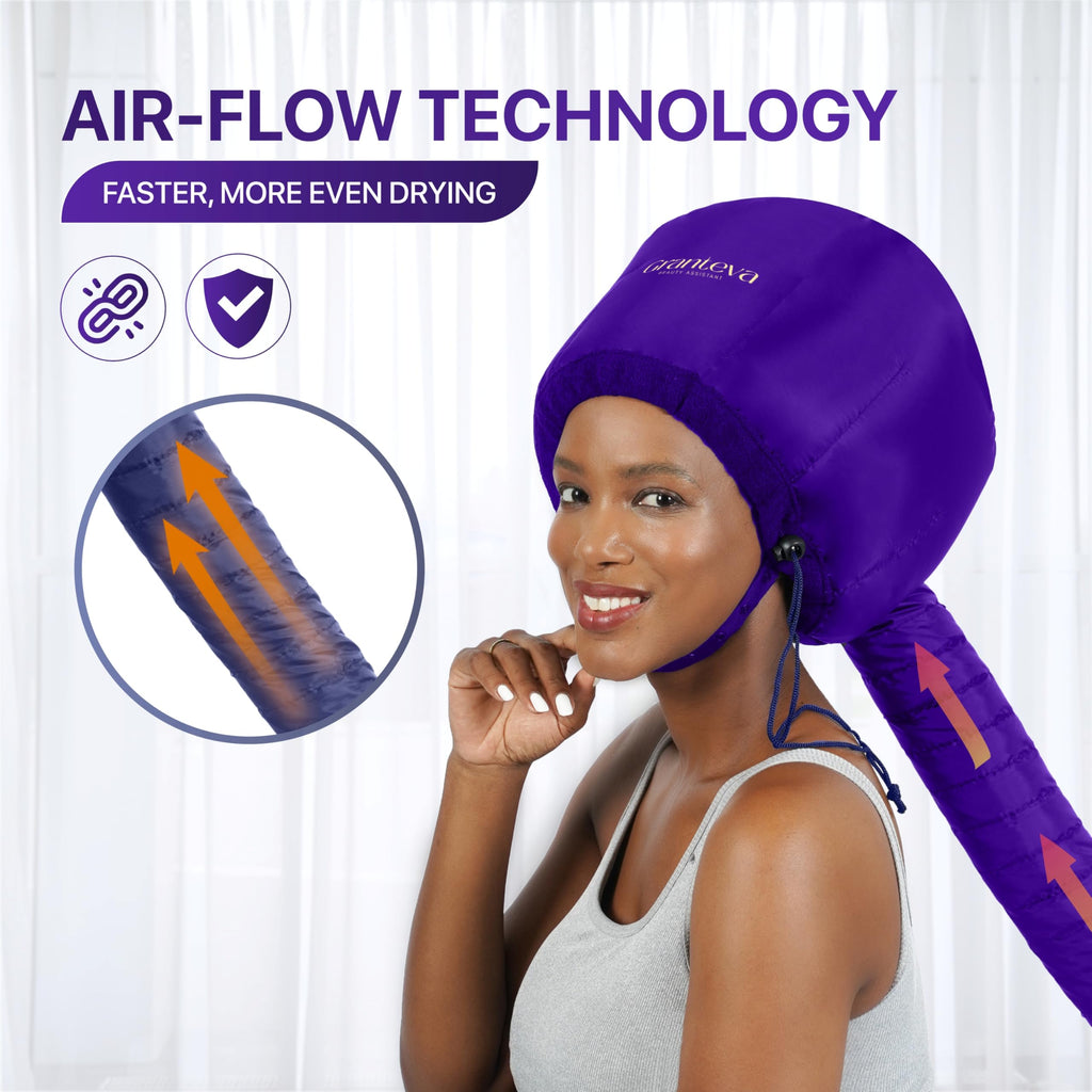 Bonnet Hair Dryer Attachment w/A Headband Integrated that Reduces Heat Around Ears & Neck - Diffuser Cap for Hair Dryer Curly Hair, Speeds Up Drying Time, Deep Conditioning at Home - Large (Purple)