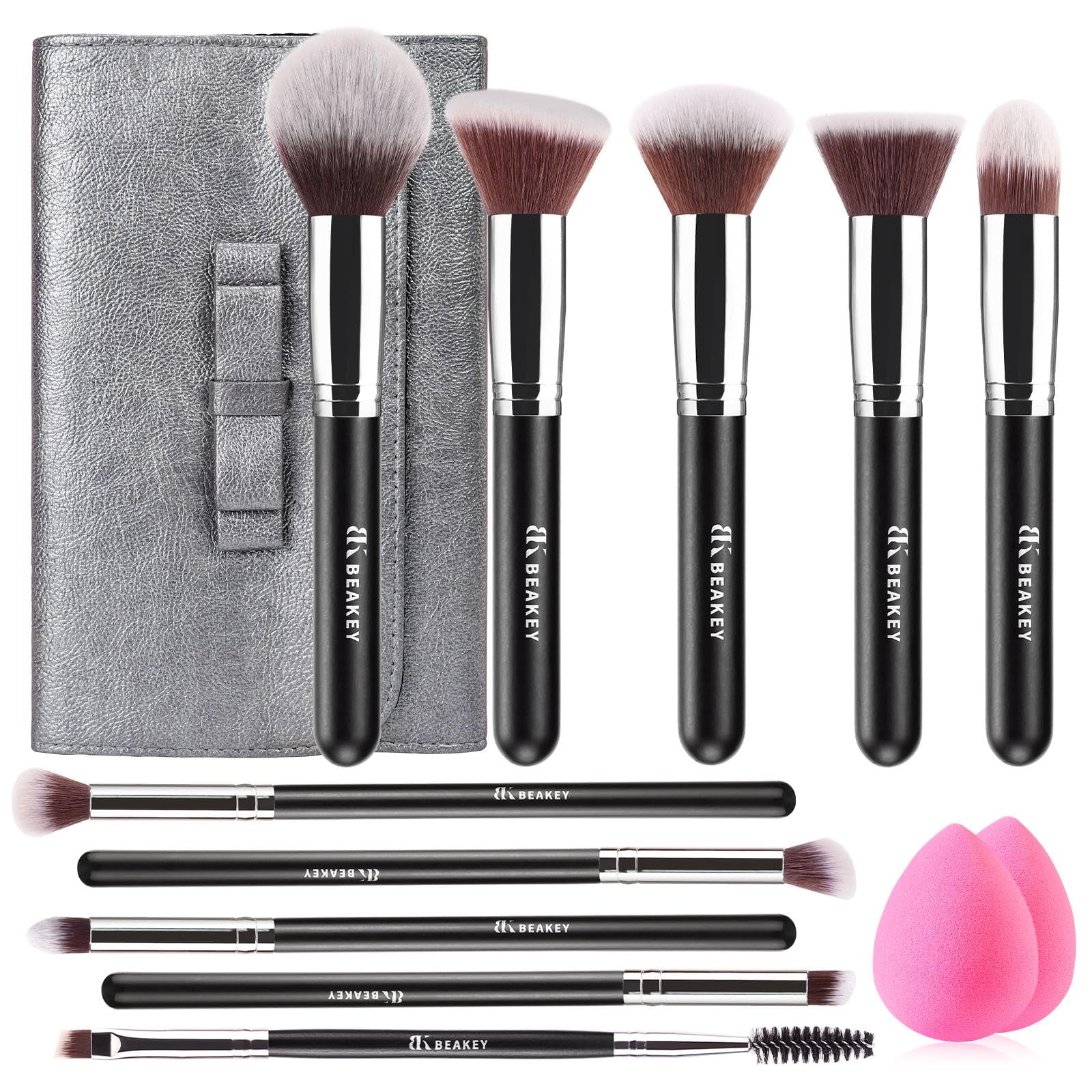 BEAKEY Makeup Brushes set with 2 Blending Sponges,10 Brush Face and Eye Set | Beginner-friendly face and eye tools with soft synthetic fibers for light,buildable coverage from foundation to eyeshadow
