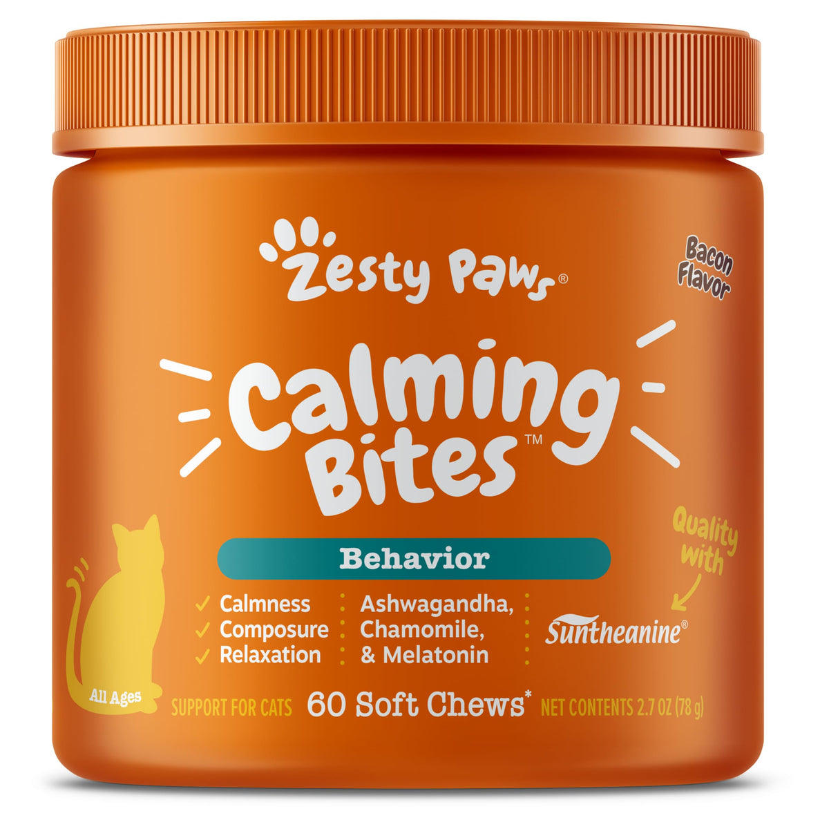 Zesty Paws Cat Calming Bites - Ashwagandha, Bacon, 60 Ct