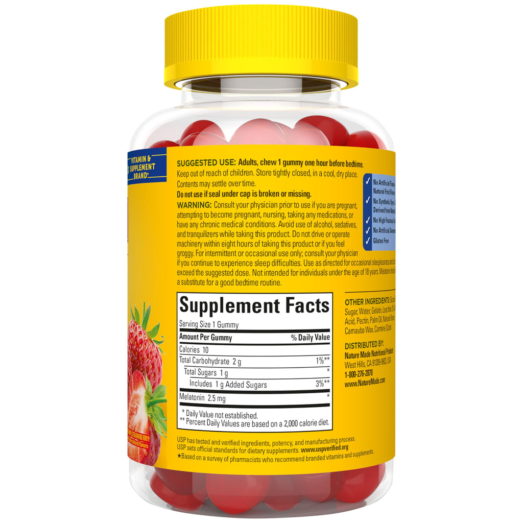 Nature Made Melatonin Gummies 2.5 mg, 100% Drug Free Sleep Aid, 80 Count | Lower Dose Melatonin Supplement for Men and Women, Sleep Aid for Adults, Strawberry Flavor, 80 Day Supply