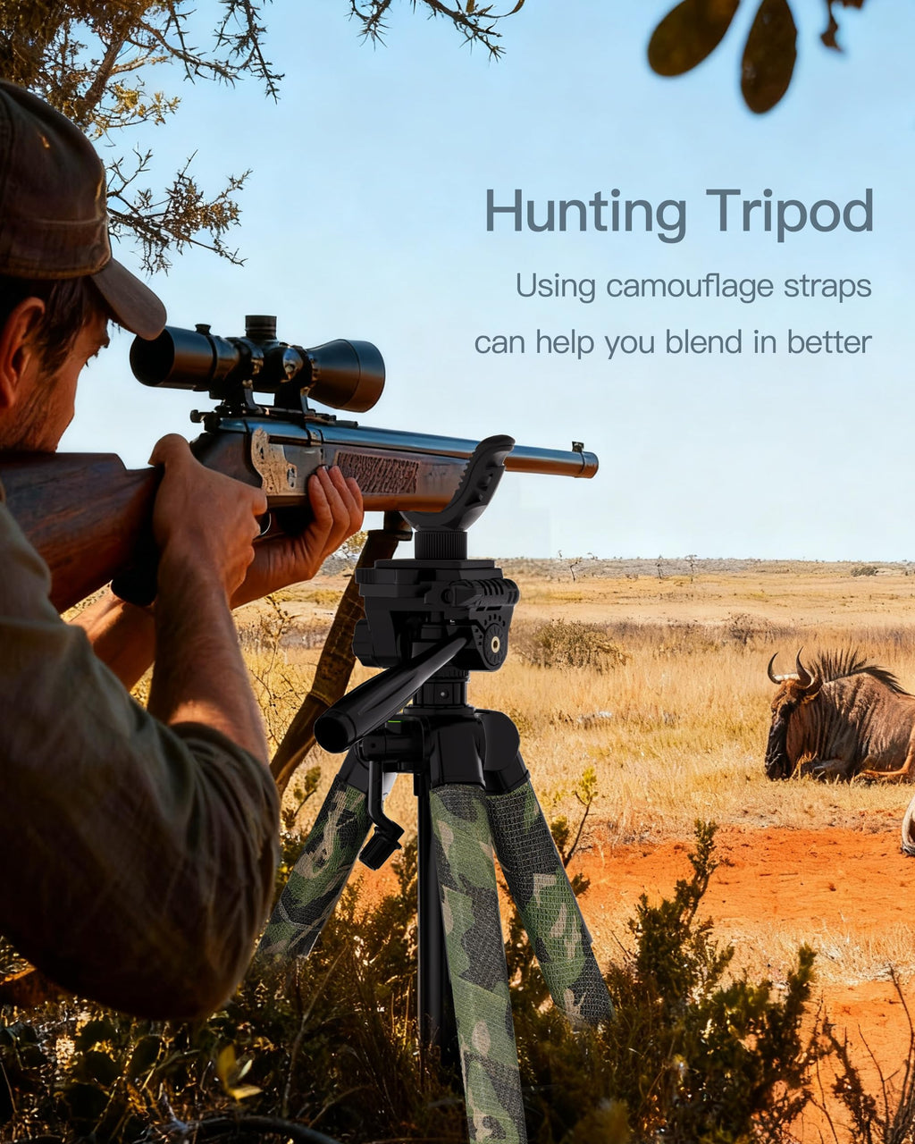 74" Adjustable Rifle Tripod Stand, Aluminum Shooting Tripod with V Yoke Gun Rest, Ground Spikes and 2 Camo Straps for Outdoor Shooting, Target Practice and Field Use