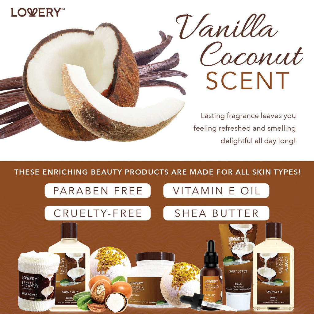 Buy now Gifts For Women Gift Basket for Womenâ€“ 9 Piece Set of Vanilla Coconut Home Spa Set, Luxurious Valentines Day Gifts for Her, Bath and Body Sets Includes Fragrant Lotions, Large Bath Bombs, Coconut Oil at indiglob india