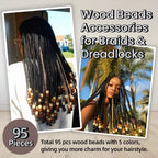 95 Pcs Wood Hair Beads for Braids & Dreadlocks, 12X11mm Natural Wooden Beads Hair Accessories for Braiding & DIY Crafts