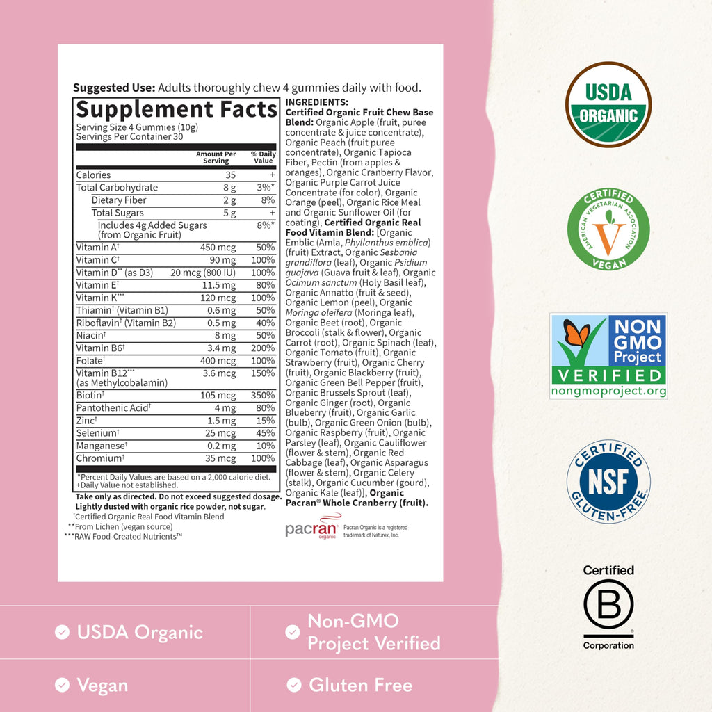 Garden of Life Organics Women's Gummy Vitamins - Berry - Certified Organic, Non-GMO, Vegan, Kosher Complete Multi - Methyl B12, C & D3 - Gluten, Soy & Dairy Free, 120 Real Fruit Gummies