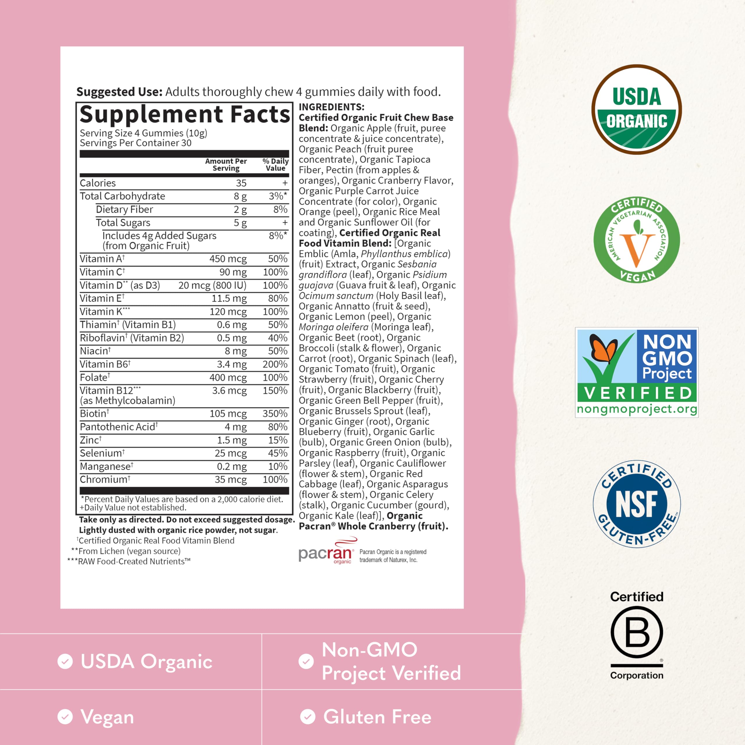 Garden of Life Organics Women's Gummy Vitamins - Berry - Certified Organic, Non-GMO, Vegan, Kosher Complete Multi - Methyl B12, C & D3 - Gluten, Soy & Dairy Free, 120 Real Fruit Gummies