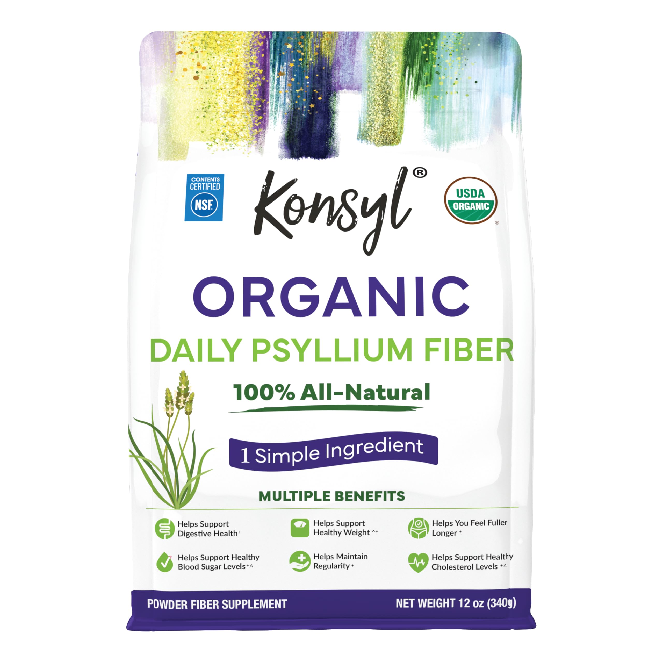 Konsyl USDA Organic Psyllium Husk Powder - 5g Sticks, 30 Pack - Natural Unflavored Soluble Dietary Fiber Supplement - Fiber Prebiotic for Digestive Support and Gut Health - Sugar Free, Keto & Vegan
